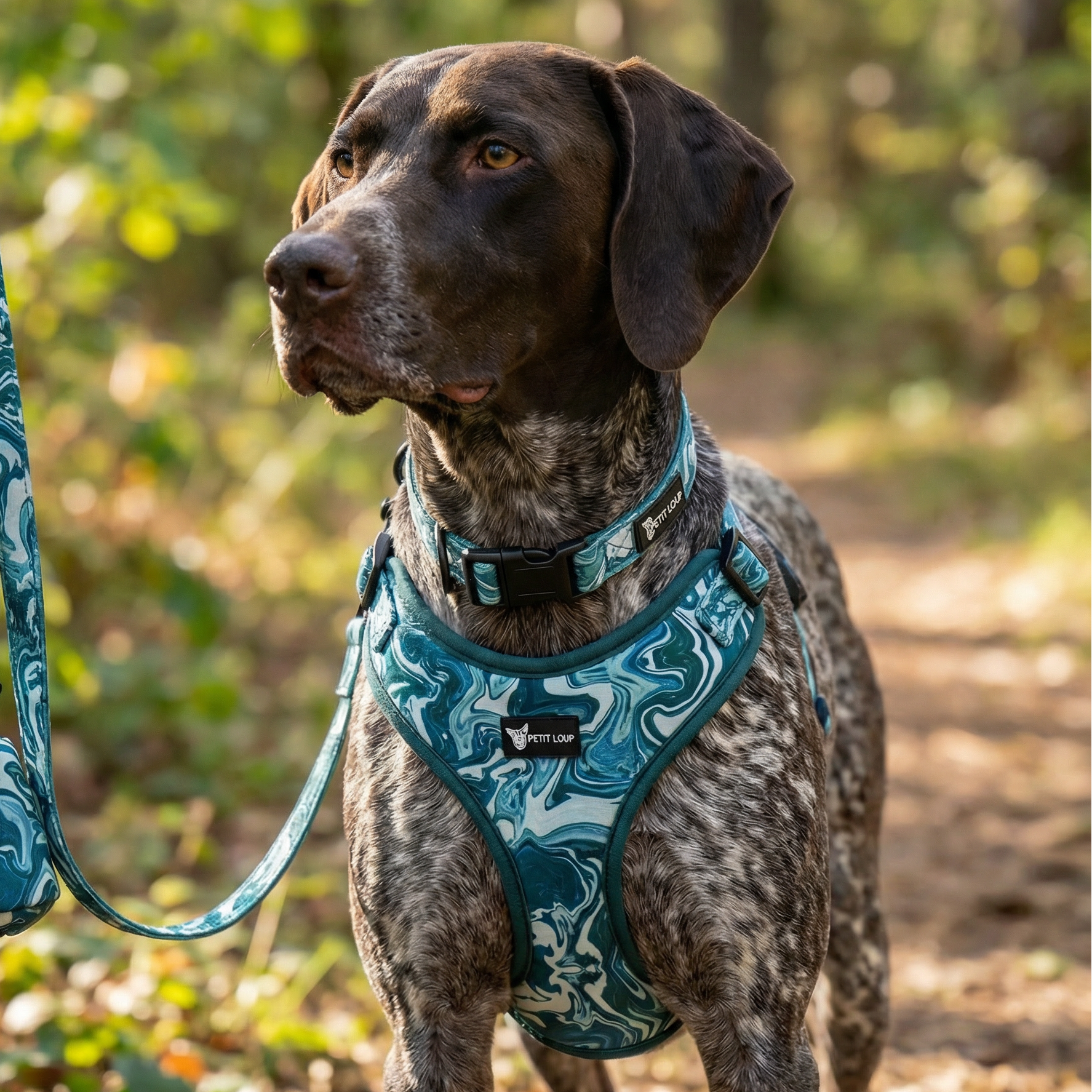 Dog wearing a blue harness and leash in a forest setting
