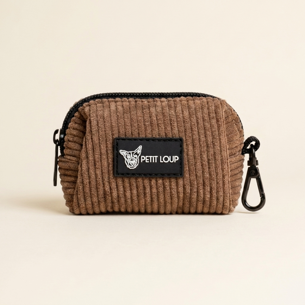 Brown corduroy pouch with a black zipper and 'PETIT LOUP' logo on a beige background