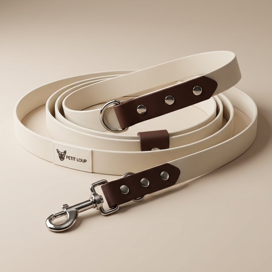 A coiled cream-colored leather dog leash with dark brown leather accents and silver-tone hardware, including a metal snap hook. The brand name 'PETIT LOUP' is printed on a small white label on the strap.