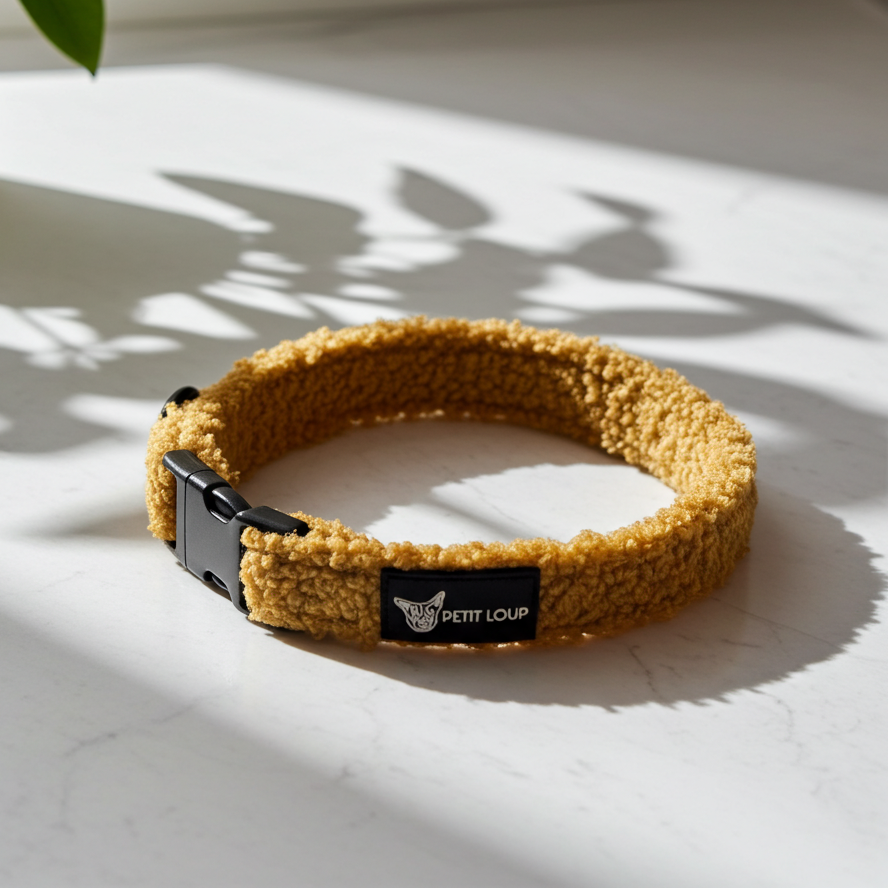 Yellow fuzzy dog collar with a black tag on a light surface with plant shadows