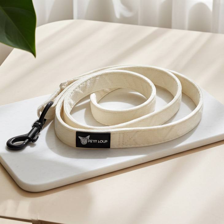 Dog leash on a white tray with a plant in the background