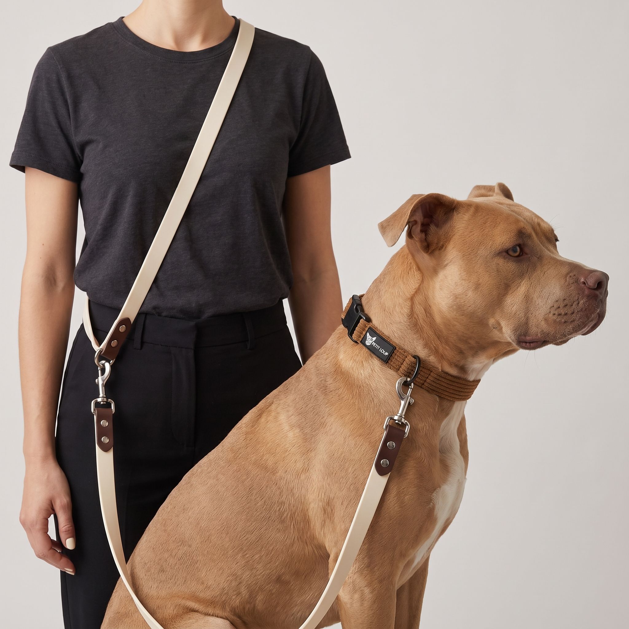 A tan dog wearing a brown collar with a cream-colored crossbody leash strap, shown next to a person wearing a dark gray t-shirt and black pants against a light gray background.