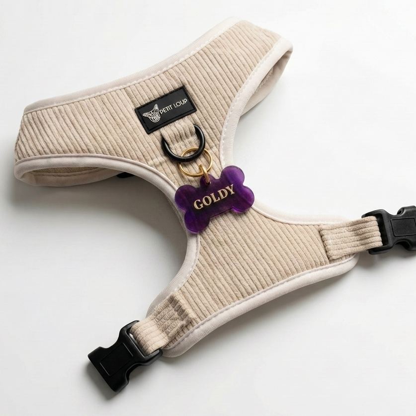 violet name tag for dogs with harness